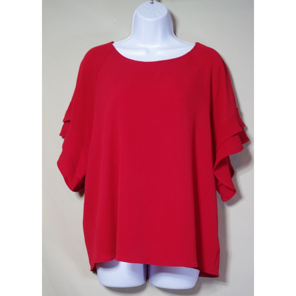 Umgee USA Medium Red Ruffle Tiered Sleeve Blouse Top Boho Crepe Round Neck